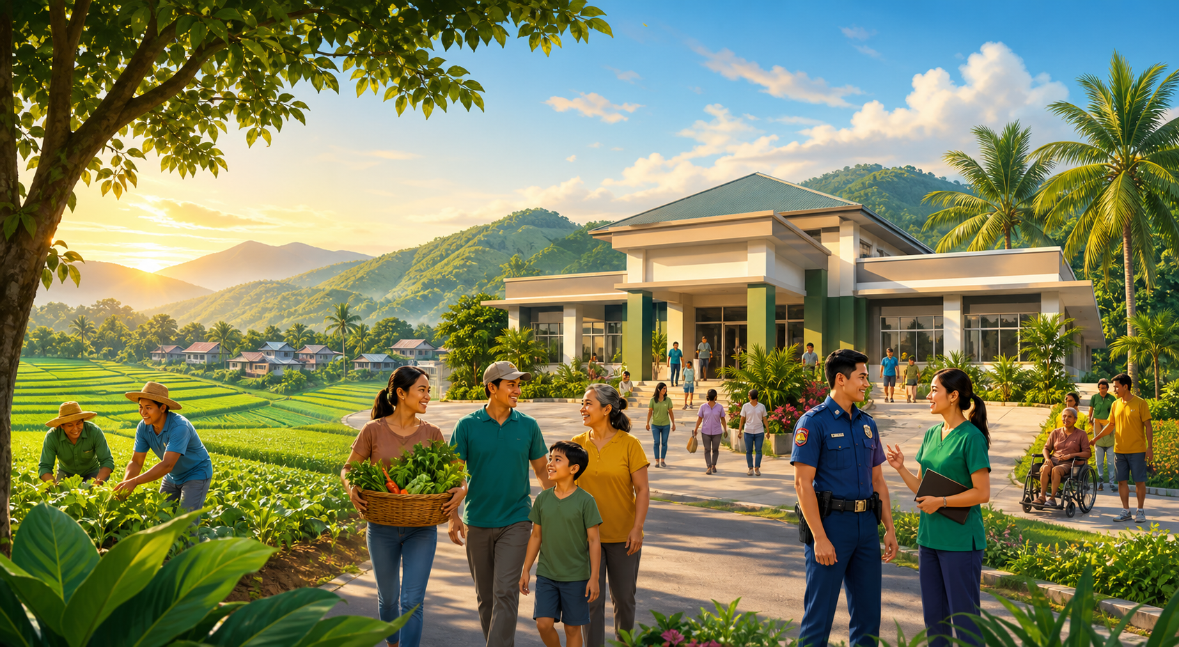 Residents and public servants gathered near a municipal hall and green farms.