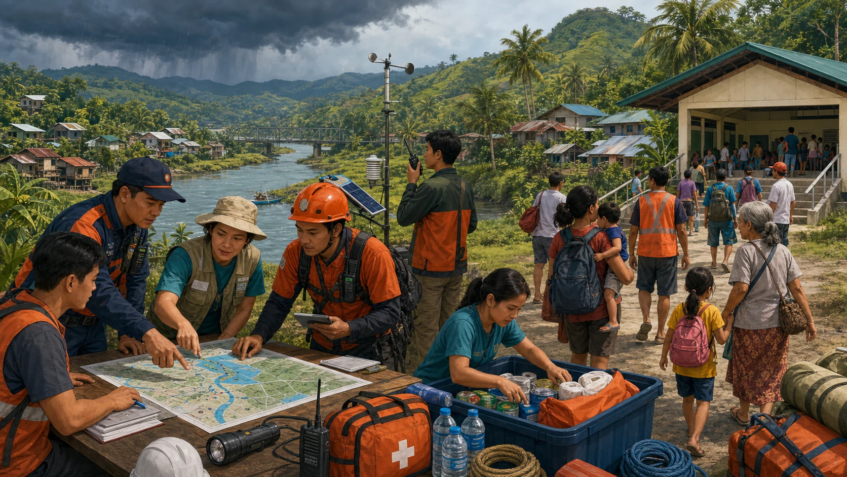 Generated editorial illustration of Dumingag responders, volunteers, emergency supplies, hazard monitoring, and an orderly community evacuation.