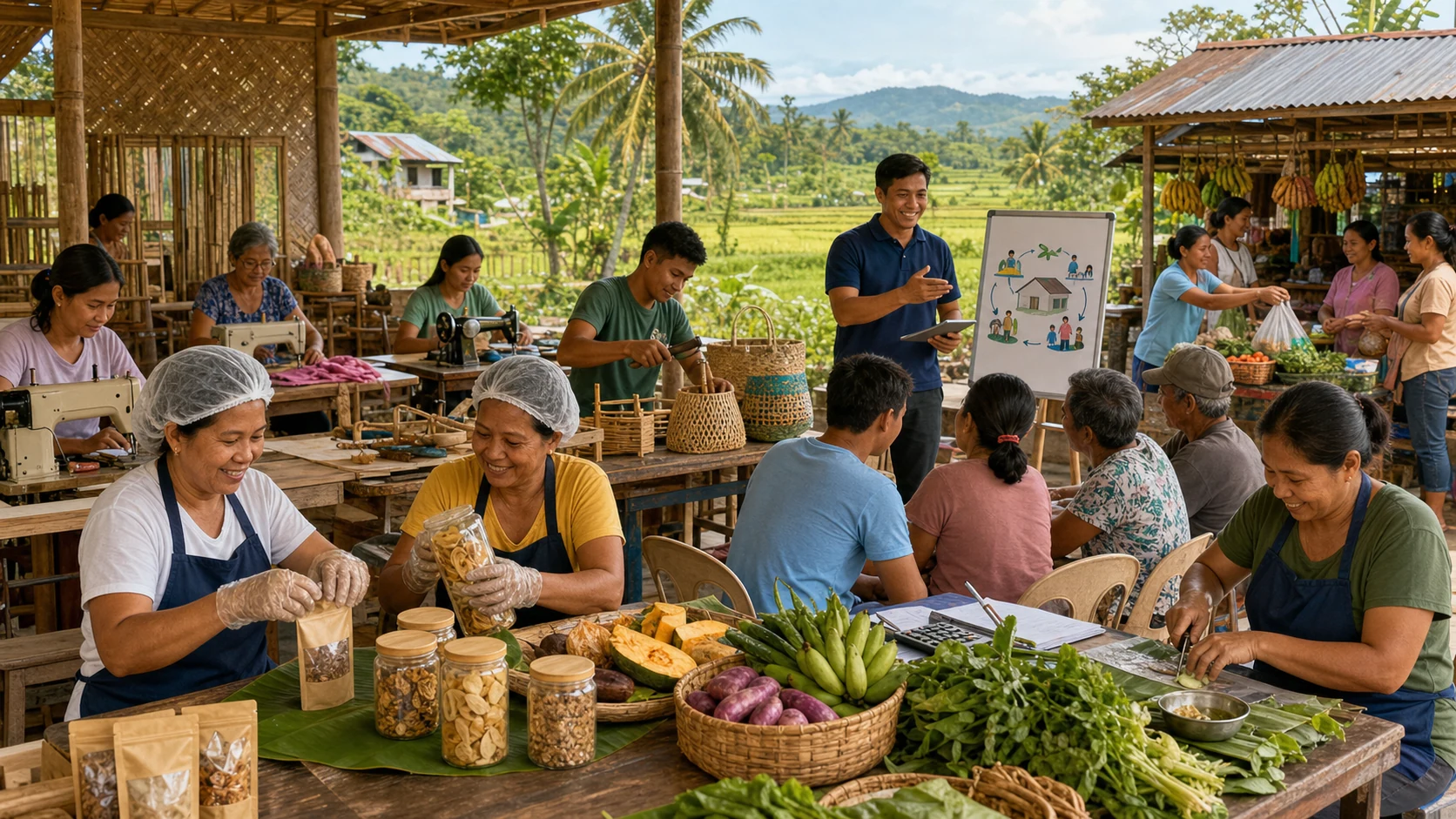 Editorial illustration of community food preparation, nutrition support, and coordinated municipal assistance.