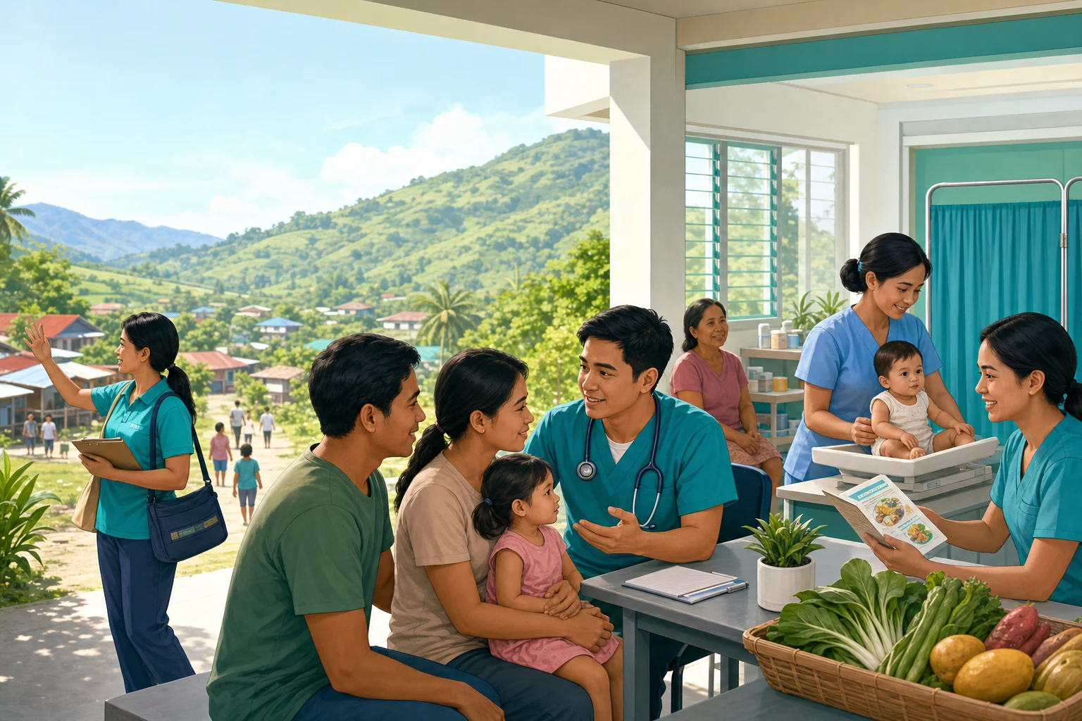 Generated editorial illustration of health workers providing primary care, maternal and child support, nutrition guidance, and community outreach.